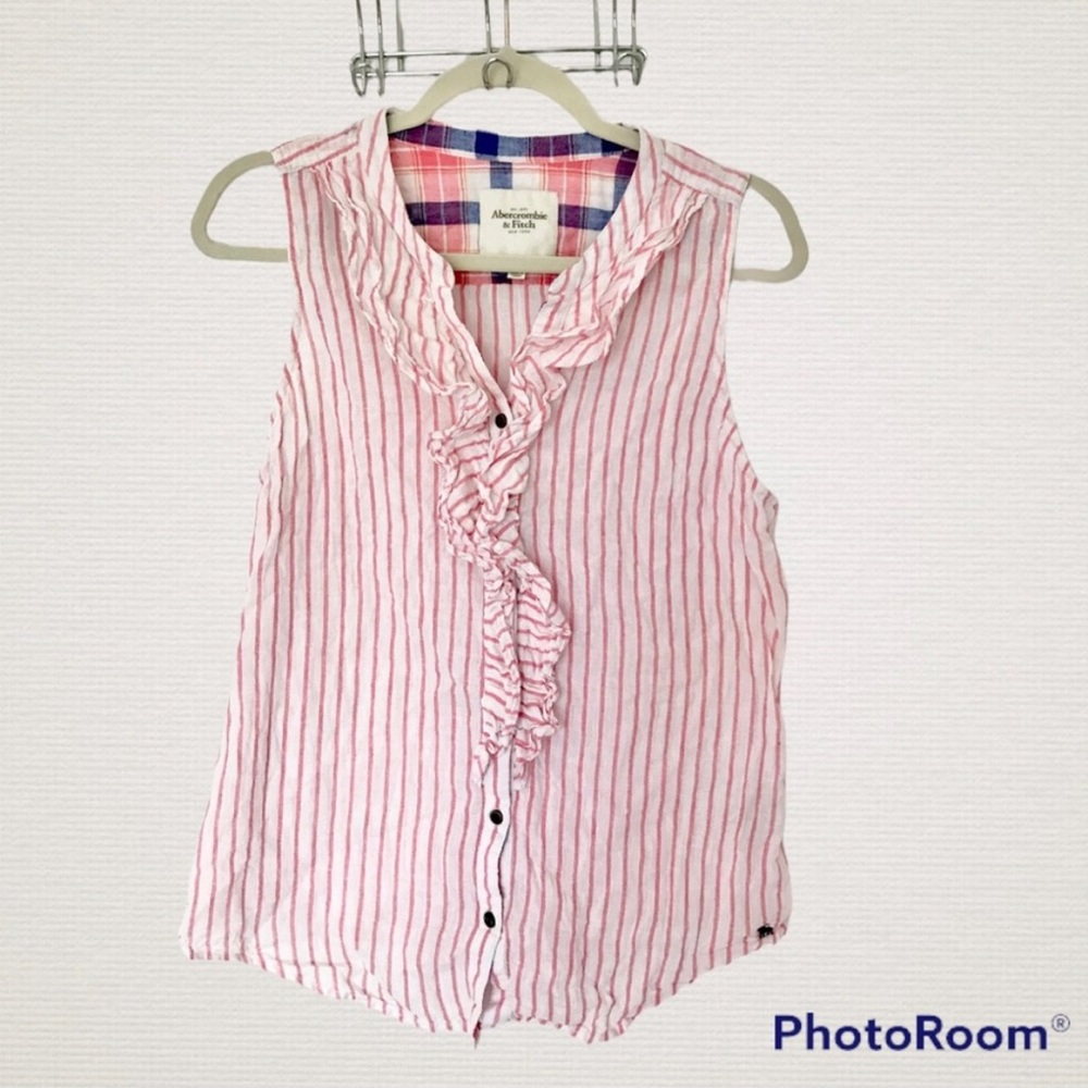 Abercrombie and Fitch Pink and White Button Down Linen Blend Striped Blouse